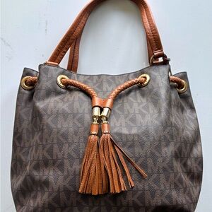 Michael Kors Signature Drawstring Tote | Brown Monogram | Leather Trim & Tassels